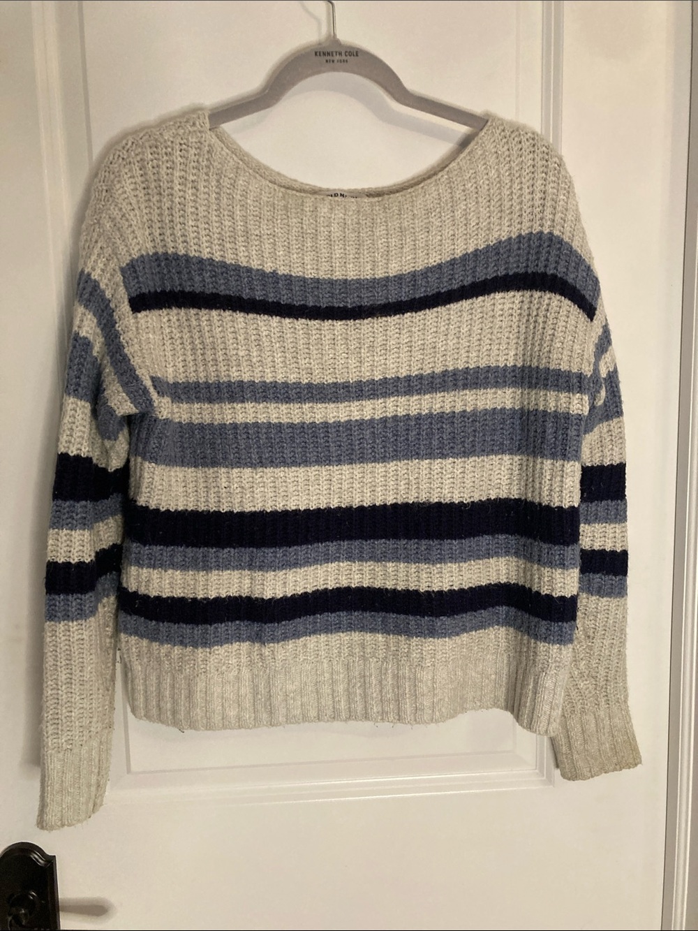 Old Navy Cream Crewneck Sweater with Light Blue and Navy Stripes